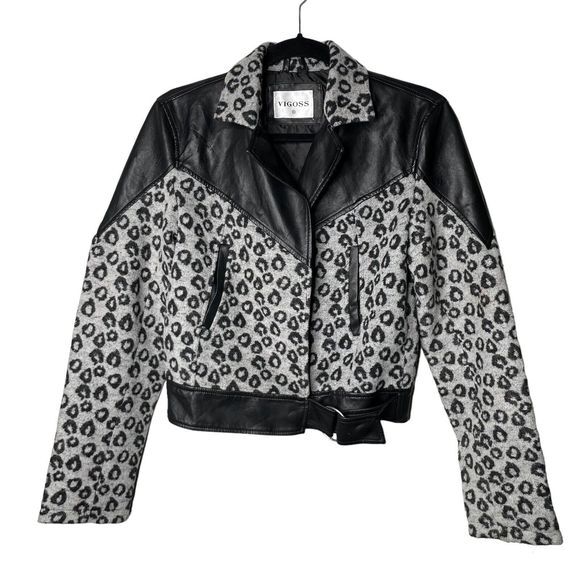 Vigoss Cropped Faux Leather XS Black Grey Cheetah Print Jacket Size XSmall Y2K‎ - Picture 1 of 9
